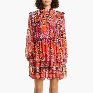 FARM Rio Mixed Floral Ruffle Long Sleeve Dress in Pink/Red Mixed